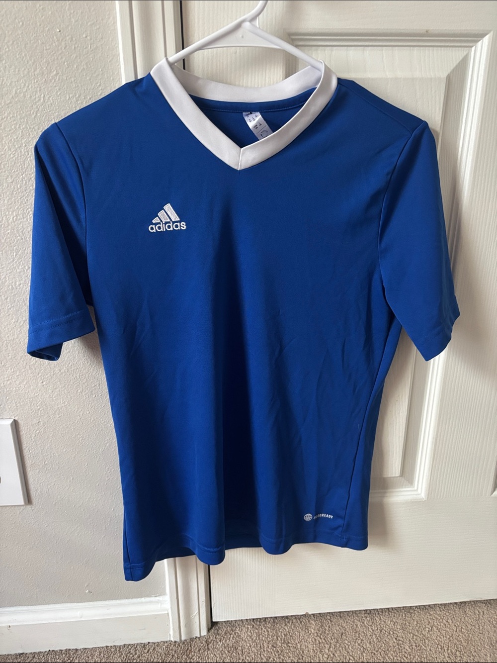 adidas Kids Blue Soccer Jersey with White V-Neck